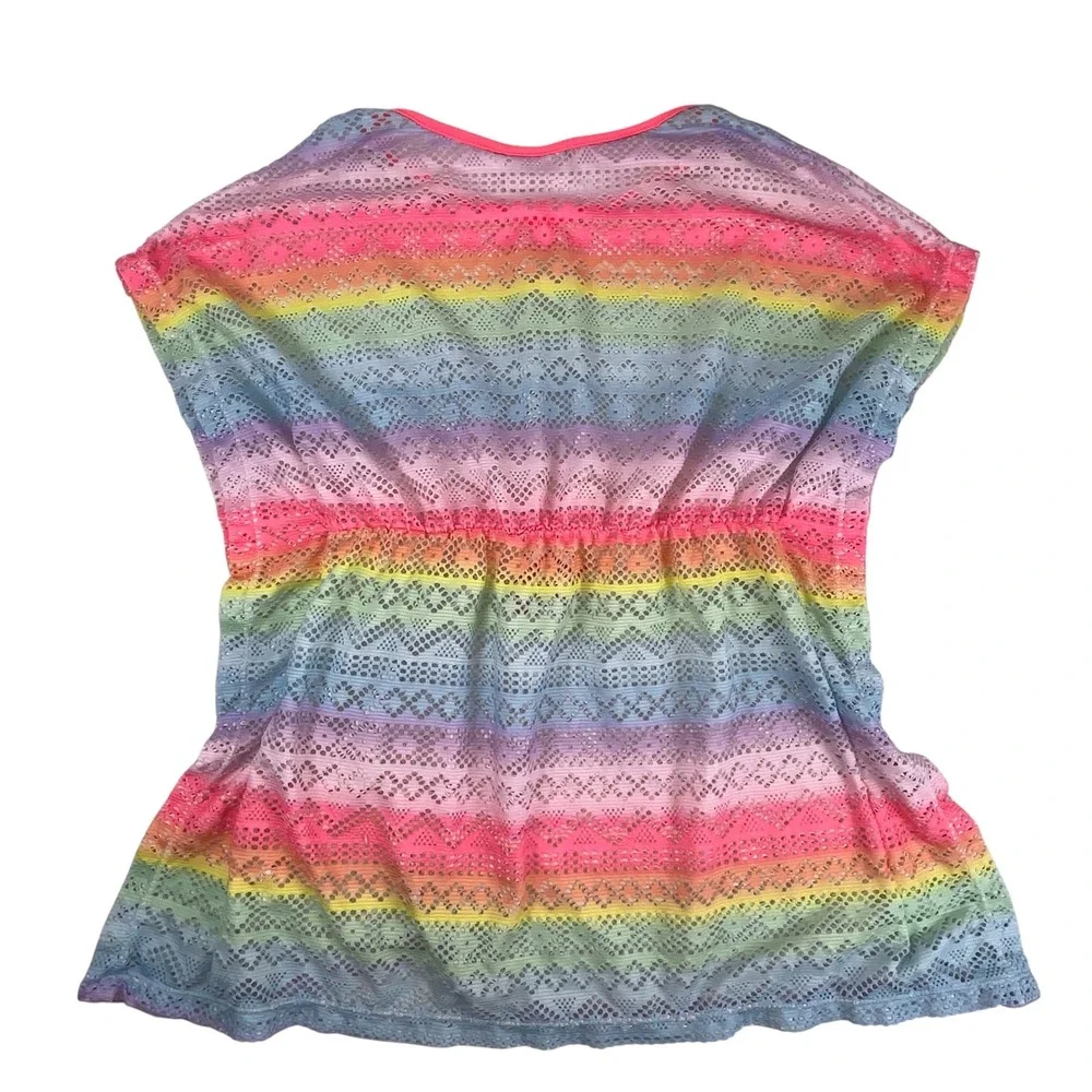 The Children's Place Rainbow‎ Crochet Lace Swim Cover Up Dress Neon Pink Trim M